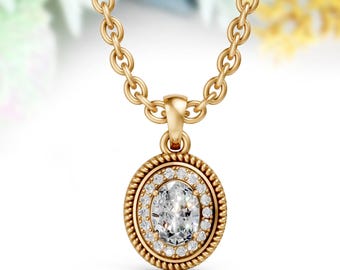 May include: Gold-toned necklace with an oval pendant. The pendant features a central, clear gemstone surrounded by a halo of smaller, clear stones. The pendant is framed by a textured, rope-like border, and the chain has a delicate, linked design.