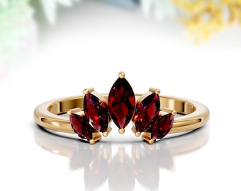 Garnet Curved Wedding Band: 14K Gold Marquise Stacking Ring