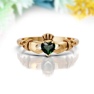 Dainty Emerald Claddagh Wedding Ring 14K Solid Gold Heart Shape Claddagh Band Ring Holding Hand Jewelry Unique Engagement Ring For Her