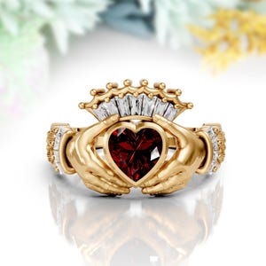 14K Solid Gold Red Garnet Claddagh Engagement Ring Unique Irish Crown Ring Anniversary Ring Garnet Claddagh Wedding Ring Birthstone Ring