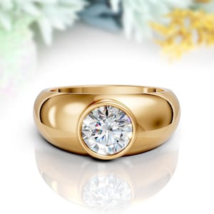 Men&#39;s Moissanite Signet Ring 14K Solid Gold Bold Bezel Solitaire Diamond Alternative Minimalist Statement Ring Gift For Him Unique Jewelry