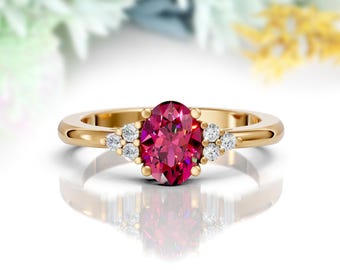 14K Gold Lab Ruby Engagement Ring, Oval Moissanite Accents