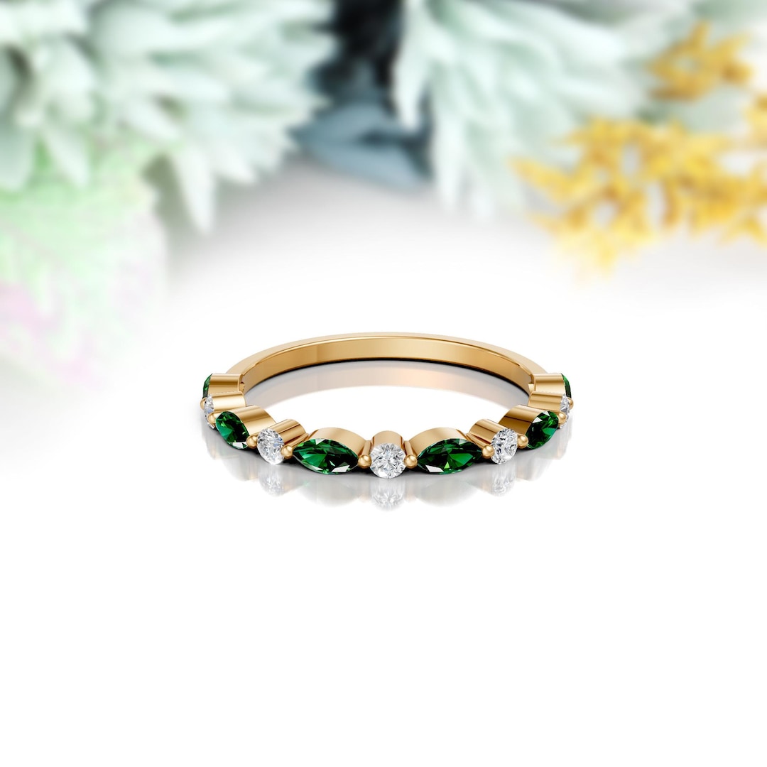 14K Solid Gold Emerald Eternity Ring, Marquise May Birthstone - Etsy