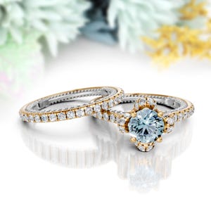 Aquamarine Engagement Ring Set 14K Solid Gold Two Tone Aquamarine Ring Blue Gemstone Wedding Ring Set March Birthstone Minimalist Gift