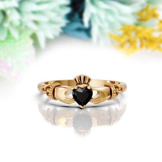 Dainty Black Onyx Claddagh Wedding Ring 14K Solid Gold Heart Shape