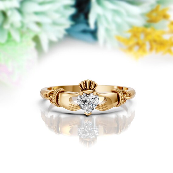 Dainty Moissanite Claddagh Wedding Ring 14K Solid Gold Heart Shape
