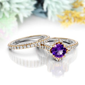 Amethyst Engagement Ring Set 14K Solid Gold Two Tone Amethyst Ring Purple Wedding Ring Set February Birthstone Minimalist Gift For Her