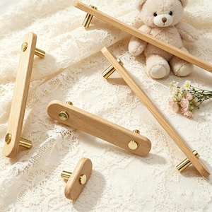 Maniglia per cassetti in legno di faggio e ottone, pomello minimalista per mobili, maniglia per mobili da cameretta, pomello moderno per comò, graziosa maniglia in legno per la stanza dei bambini