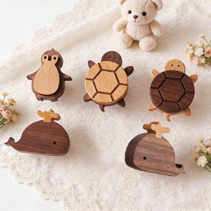 Nordic Walnut Wood Animal Cabinet Pull | No-Drill Kids Room Drawer Handle | Cute Animal Nursery Knob(Screws Included with Your Order)