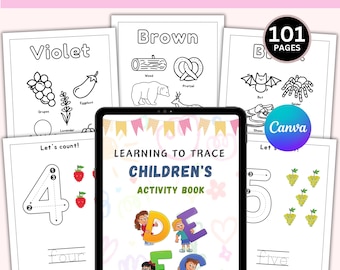 May include: A children's activity book titled "Learning to Trace Kids Activity Book" is shown on a tablet. The book contains tracing exercises, including numbers, letters, and illustrations of objects such as grapes and a bat. The book has 101 pages.