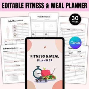 Peut inclure: Un planificateur de fitness et de repas modifiable avec 30 pages. Le planificateur comprend des sections pour les mesures corporelles, le suivi de la transformation, la réflexion sur la forme physique et les objectifs de fitness. La couverture présente une horloge, une pomme, des poids et une salade.