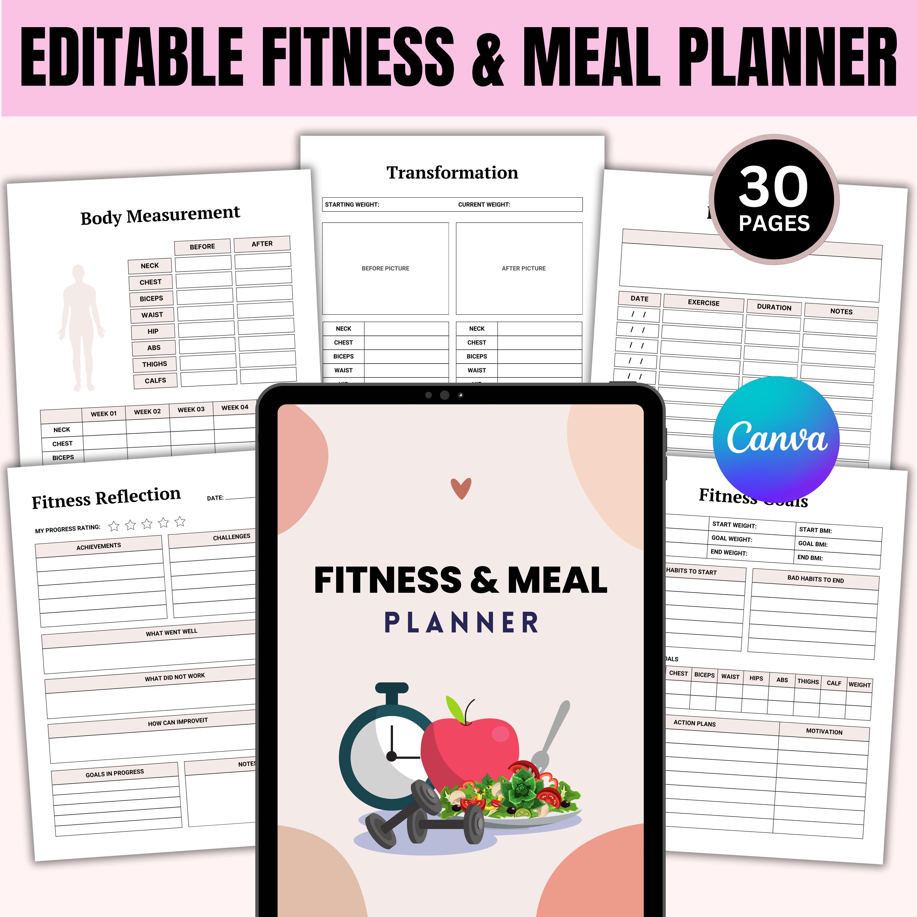 Editable Fitness & Meal Planner Canva Template: Wellness Journal PDF - Etsy