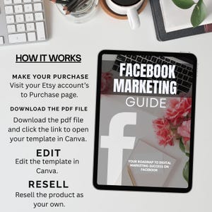 May include: A digital tablet displays a "Facebook Marketing Guide" with the Facebook logo. The guide includes the text "Your Roadmap to Digital Marketing Success on Facebook." The image is on a white surface with a keyboard and other office supplies.