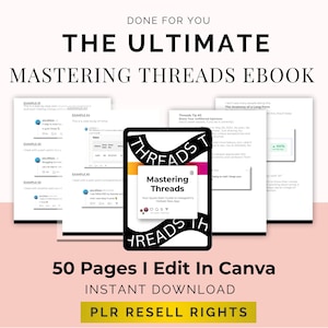 Puede incluir: Una portada de libro electrónico con el título "The Ultimate Mastering Threads Ebook" en texto negro. La imagen incluye una tableta que muestra la aplicación "Mastering Threads" y varias páginas con ejemplos. El texto "50 Pages I Edit In Canva" también es visible.