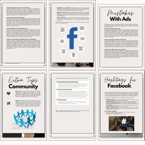May include: A collection of six white pages with text and graphics. The pages cover topics like Facebook advertising, community building, and hashtags. The Facebook logo is prominently displayed on one page.