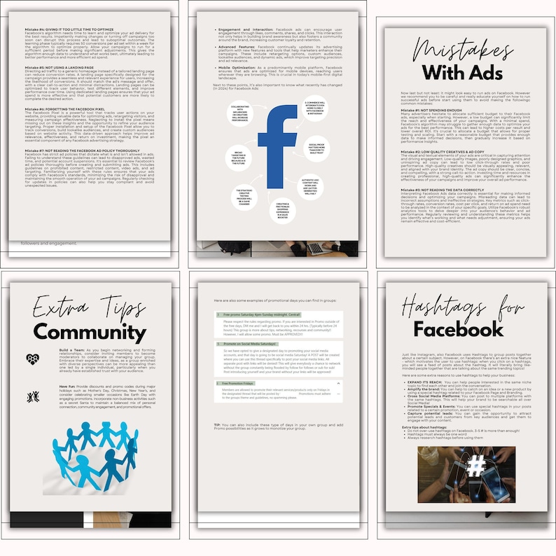 May include: A collection of six white pages with text and graphics. The pages cover topics like Facebook advertising, community building, and hashtags. The Facebook logo is prominently displayed on one page.