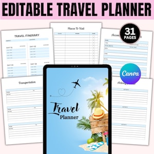 Plantilla de planificador de viajes editable, planificador de itinerario de viaje, diario de viaje, planificador de vacaciones Canva, planificador de vacaciones, tamaño A4, carta, A5
