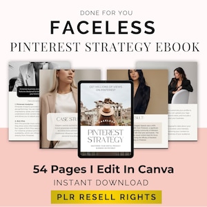 May include: A digital marketing ebook titled "Faceless Pinterest Strategy" with the text "Get Millions of Views on Pinterest" on a tablet screen. The ebook cover features a woman with a hat. The image also includes the text "54 Pages I Edit In Canva".