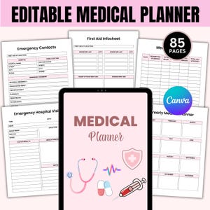 Pode incluir: Um planejador médico editável com 85 páginas. Inclui seções para contatos de emergência, informações de primeiros socorros e planejamento médico anual. O design apresenta um esquema de cores rosa e branco com ilustrações médicas.