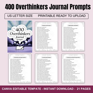 May include: A digital download featuring 400 Overthinkers Journal Prompts. The design includes a cover with the title, a pen and open book illustration, and several pages with prompts. The text "US LETTER SIZE" and "PRINTABLE READY TO UPLOAD" are also included.