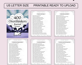 May include: A digital download featuring 400 Overthinkers Journal Prompts. The design includes a cover with the title, a pen and open book illustration, and several pages with prompts. The text "US LETTER SIZE" and "PRINTABLE READY TO UPLOAD" are also included.