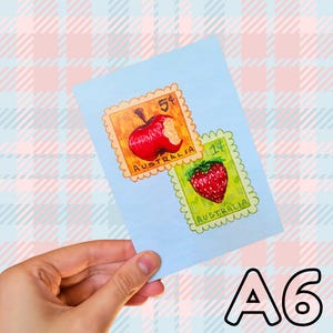 Apple & Strawberry Stamps Postcard – A6 | Cute Fruit Illustration Stationery for Happy Mail