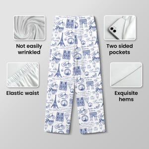 以下が含まれることがあります： エッフェル塔、自転車、そして「パリ」の文字が描かれた、青いパリをテーマにしたプリントの白いパジャマパンツ。パンツは、伸縮性のあるウエスト、両サイドポケット、そして美しい裾が特徴です。生地はしわになりにくいです。