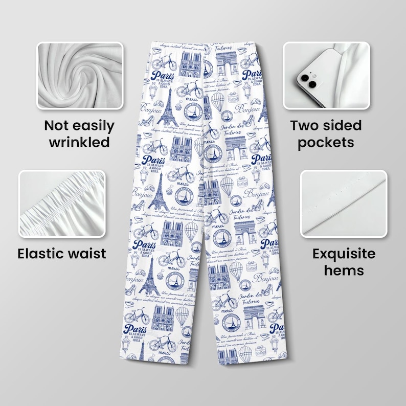 以下が含まれることがあります： エッフェル塔、自転車、そして「パリ」の文字が描かれた、青いパリをテーマにしたプリントの白いパジャマパンツ。パンツは、伸縮性のあるウエスト、両サイドポケット、そして美しい裾が特徴です。生地はしわになりにくいです。