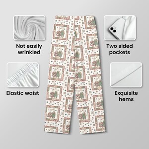 May include: White pajama pants with a repeating pattern of framed cartoon geese in outfits. The pants have an elastic waist, two-sided pockets, and exquisite hems. The fabric is not easily wrinkled.