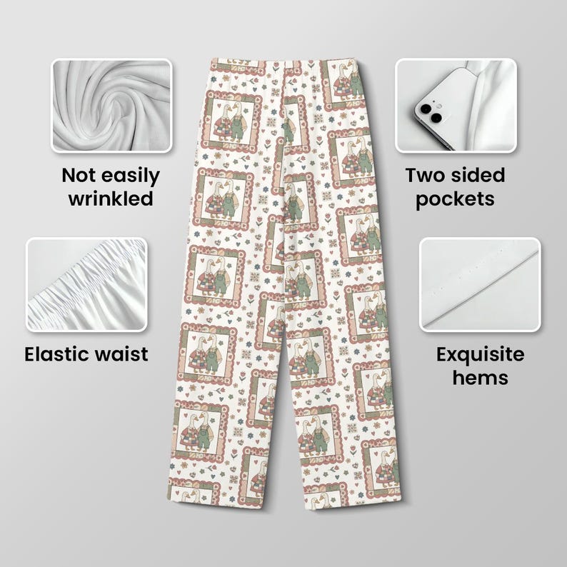 May include: White pajama pants with a repeating pattern of framed cartoon geese in outfits. The pants have an elastic waist, two-sided pockets, and exquisite hems. The fabric is not easily wrinkled.
