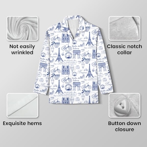 以下が含まれることがあります： エッフェル塔、自転車、そして「パリ」の文字が描かれた、パリをテーマにした青いプリントの白いパジャマトップ。長袖のトップスは、クラシックなノッチカラーとボタンダウンクロージャーを備えています。生地はしわになりにくいと説明されています。