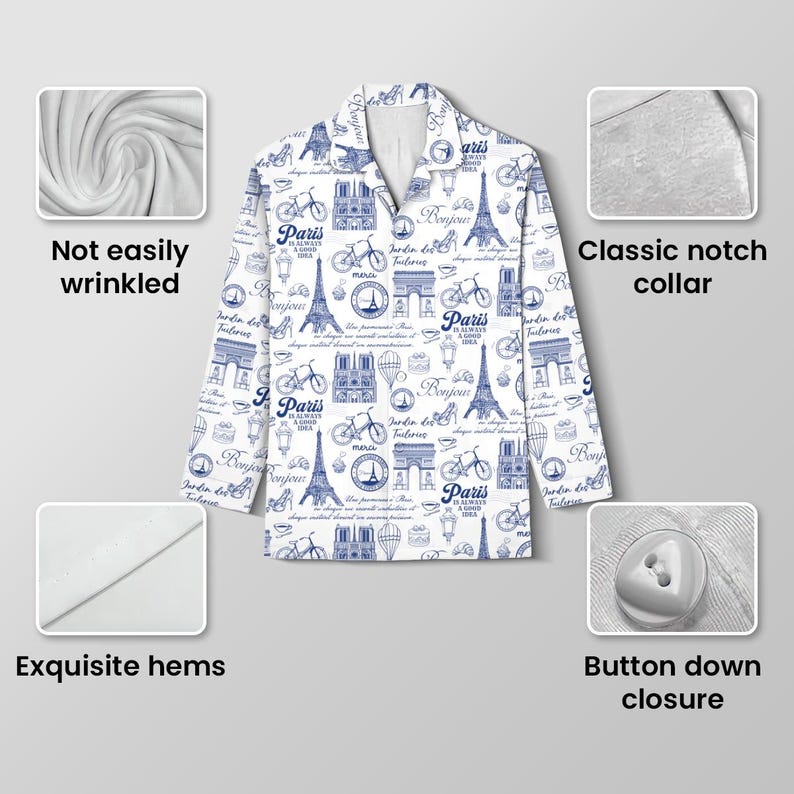 以下が含まれることがあります： エッフェル塔、自転車、そして「パリ」の文字が描かれた、パリをテーマにした青いプリントの白いパジャマトップ。長袖のトップスは、クラシックなノッチカラーとボタンダウンクロージャーを備えています。生地はしわになりにくいと説明されています。