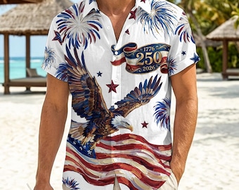 Camisa hawaiana de los 250 años de EE. UU., camisa Aloha con águila patriótica y bandera estadounidense, camisa de hombre con botones del sequinquincentenario 1776-2026, ropa de playa para el 4 de julio