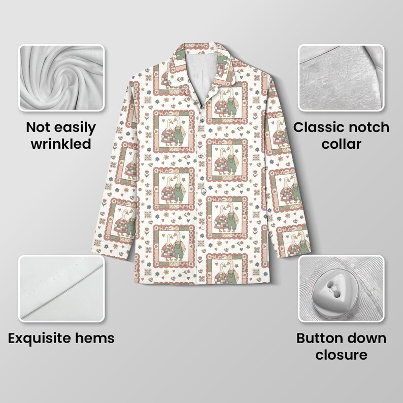May include: A long-sleeved pajama shirt with a classic notch collar and button-down closure. The shirt features a repeating pattern of framed illustrations of rabbits in green overalls and dresses. The fabric is not easily wrinkled and has exquisite hems.