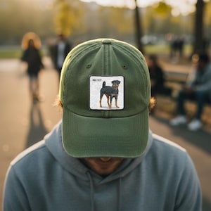 May include: A green baseball cap with a square patch featuring a Rottweiler dog illustration and the words "BAD BOY". The dog is black and brown, standing on a white background. The cap is a solid, muted green color.