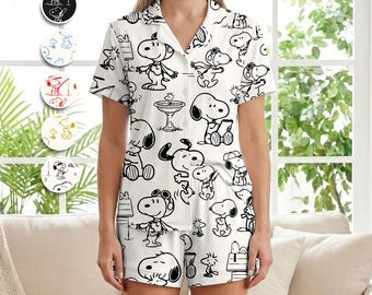 Cute Snoopy Pajamas Set for Women, Funny Cartoon Character Sleepwear, Woodstock & Snoopy Lounge Set, Soft Aesthetic PJs, Birthday Gift Her