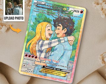 Custom Christmas Poke Card for Couples with Anime Photo, Personalized Pocket Monster Style Gift for Proposal Engagement Wedding