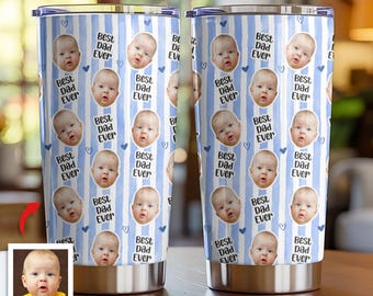 Vaso personalizado con cara de bebé, taza de viaje personalizada con rayas "El mejor papá del mundo", taza de café divertida con foto repetida, regalo del primer Día del Padre de parte de la esposa.