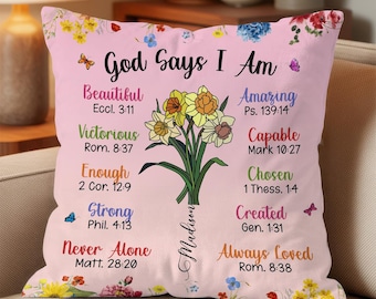 Personalized Christian Pillow with Custom Name, God Says I Am Scripture Design, Faith Gift for Girl Bedroom Decor