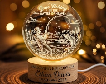 Personalized Gone Fishing in Heaven Crystal Ball Lamp, Memorial Fishing Gift for Loss of Dad, Custom Engraved Sympathy Gift,Bereavement Lamp