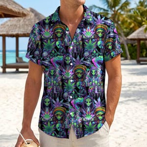 Men Trippy Alien Hawaiian Shirt, Psychedelic Weed Cannabis Button Up, Rasta Alien Summer Beach Shirt, Rave Party 420 Festival Clothing