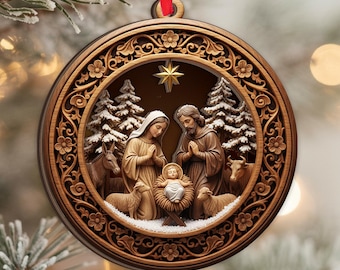 May include: A round, wooden Christmas ornament with a detailed relief carving of the Nativity scene. The ornament features Mary, Joseph, baby Jesus, animals, and a star. The outer frame has a floral design, and a red ribbon is attached for hanging.