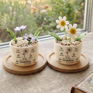 May include: Two cream ceramic pots, each with a floral design and the word "Grandma". The pots sit on round wooden coasters. One pot has purple flowers, the other white. Names of family members are printed on the pots.