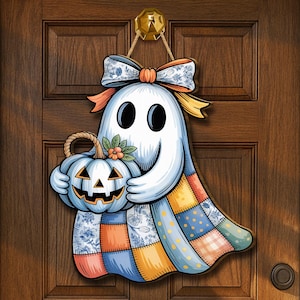 Halloween Ghost Welcome Sign, Cute Witch Door Hanger | Wooden Fall Porch Decor | Spooky Autumn Holiday Decoration | Toile De Jouy Style Sign