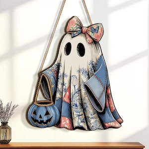 Halloween Ghost Welcome Sign, Cute Witch Door Hanger | Wooden Fall Porch Decor | Spooky Autumn Holiday Decoration | Toile De Jouy Style Sign