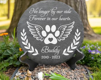 Engraved Paw Prints on Our Hearts Pet Memorial Stone – Personalized Paw Print Garden Stone Gift- Dog Grave Marker, Pet Loss Remembrance Gift