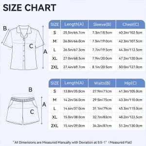 May include: Size chart for a short-sleeved shirt and shorts set. The chart includes measurements for length, sleeve, chest, waist, and hip in inches and centimeters. Sizes range from S to 2XL.