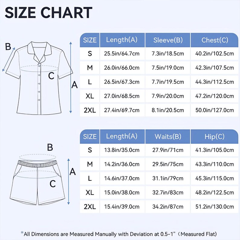 May include: Size chart for a short-sleeved shirt and shorts set. The chart includes measurements for length, sleeve, chest, waist, and hip in inches and centimeters. Sizes range from S to 2XL.