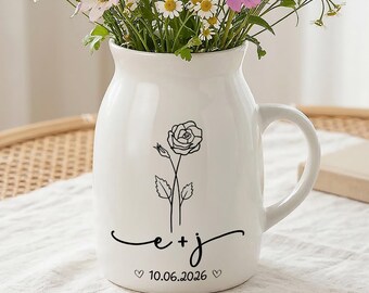 Personalized Minimalist Rose Ceramic Vase, Custom Initials and Date Flower Pitcher, Wedding Anniversary Keepsake, Aesthetic Home Decor 2026