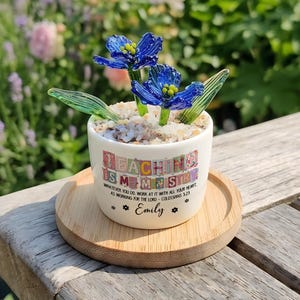 May include: A white ceramic planter filled with small stones and two blue glass flowers with green glass leaves. The planter features the text "TEACHING IS MY MINISTRY" with "WHATEVER YOU DO, WORK AT IT WITH ALL YOUR HEART" and "Emily".